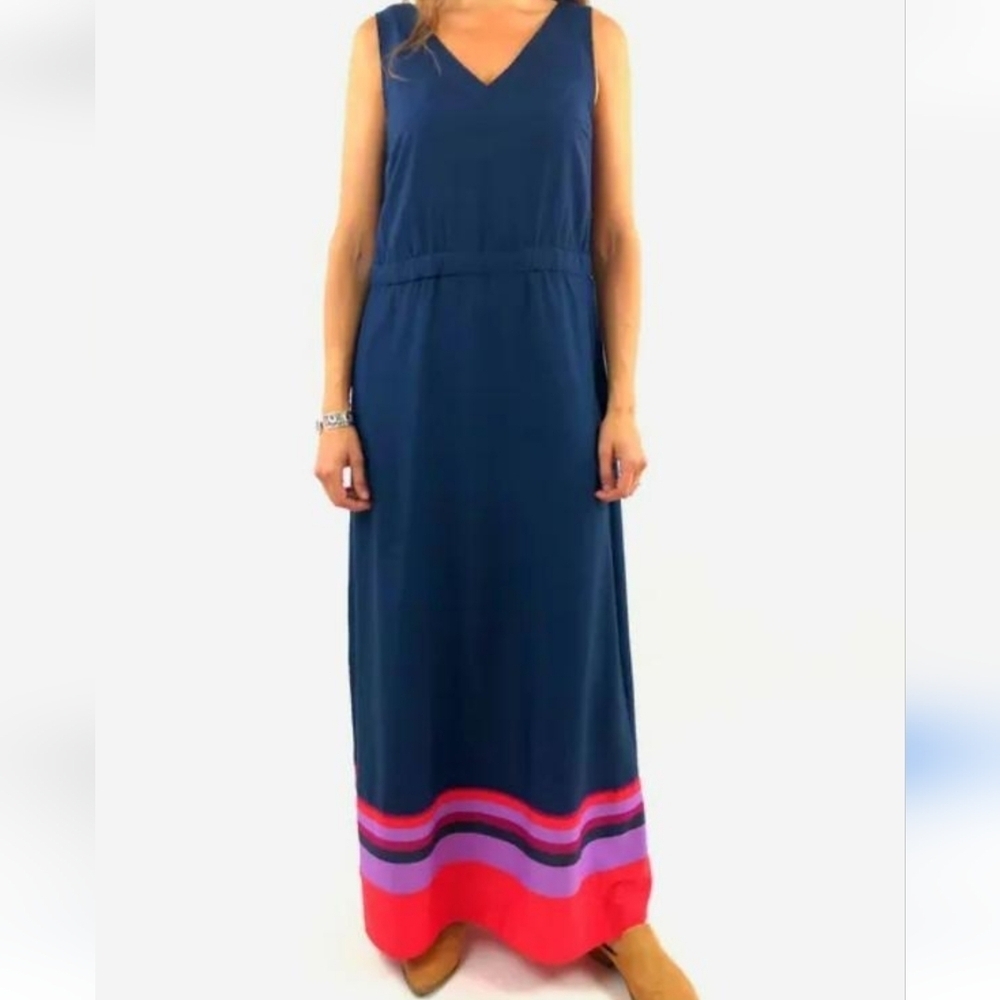 Tommy Hilfiger Dress Navy Blue Striped Hem Full Length V-Neck Lightweight Sz XXL